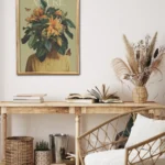 plakat joga yoga motywacyjny z-cytatem plakat kobieta z kwiatami zamiast glowy vintage na prezent pomarańczowe kwiaty łąka natura flow yoga prints