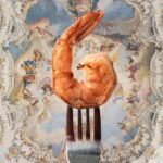 printy print Plakat krewetka w niebie plakaty do kuchni niebieski szary plakat do kuchni krewetki widelec śniadanie do restauracji plakat rubens rokoko nowoczesny 50x70 A4 plakat 1