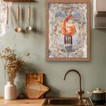 printy print Plakat krewetka w niebie plakaty do kuchni niebieski szary plakat do kuchni krewetki widelec śniadanie do restauracji plakat rubens rokoko nowoczesny 50x70 plakat