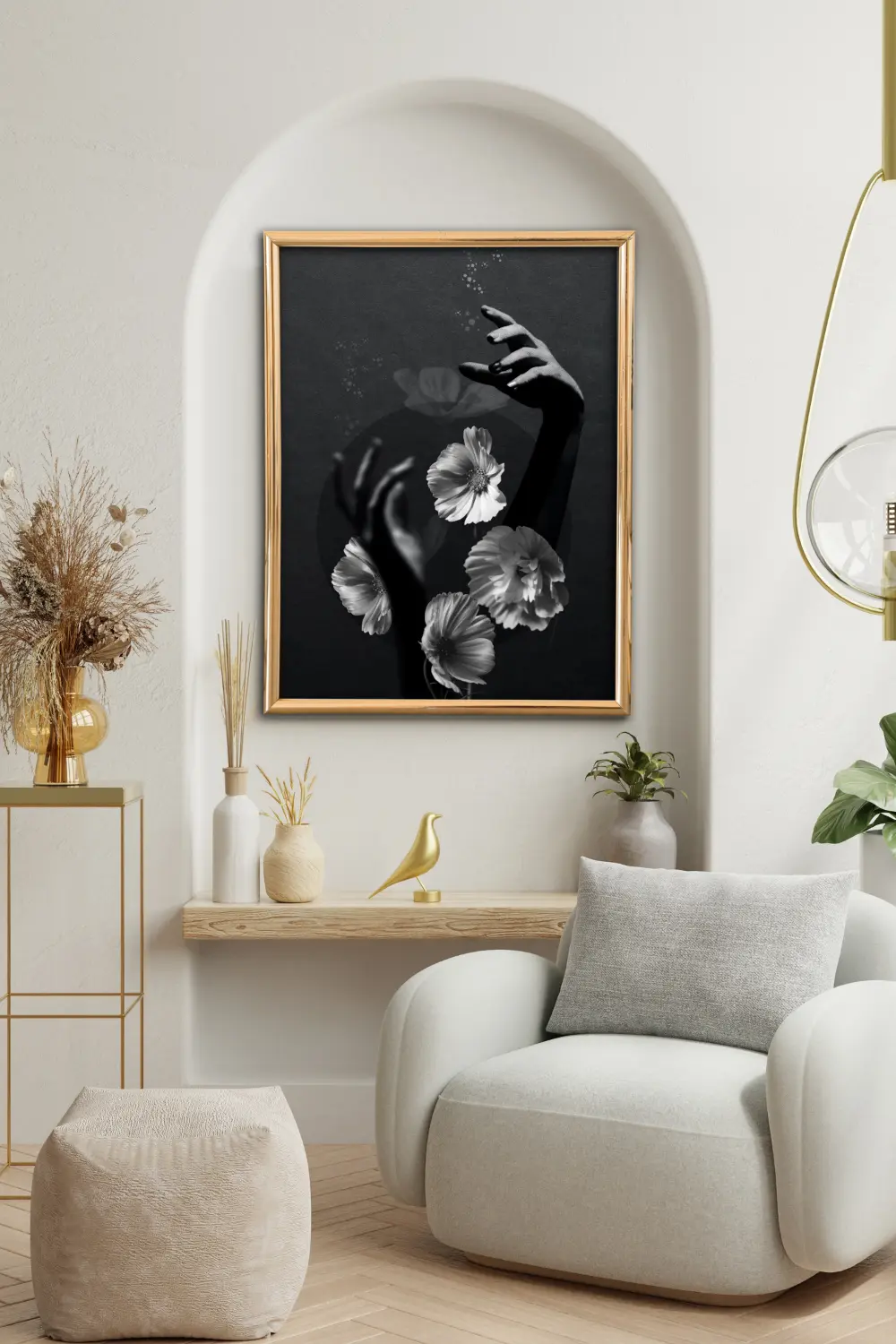 printy print Plakat kwiaty dłonie kobieta dla kobiety czarno biały plakaty do sypialni autorski wzór autorskie wzory plakatów kolaż collage kolaz nowoczesny 40 x 60 cm A4