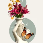 printy print Plakat kwiaty ogród kobieta rzeźba motyl dla kobiety beżowy kremowy plakaty do sypialni autorski wzór autorskie wzory plakatów kolaż collage kolaz nowoczesny 40 x 60 cm A4 2