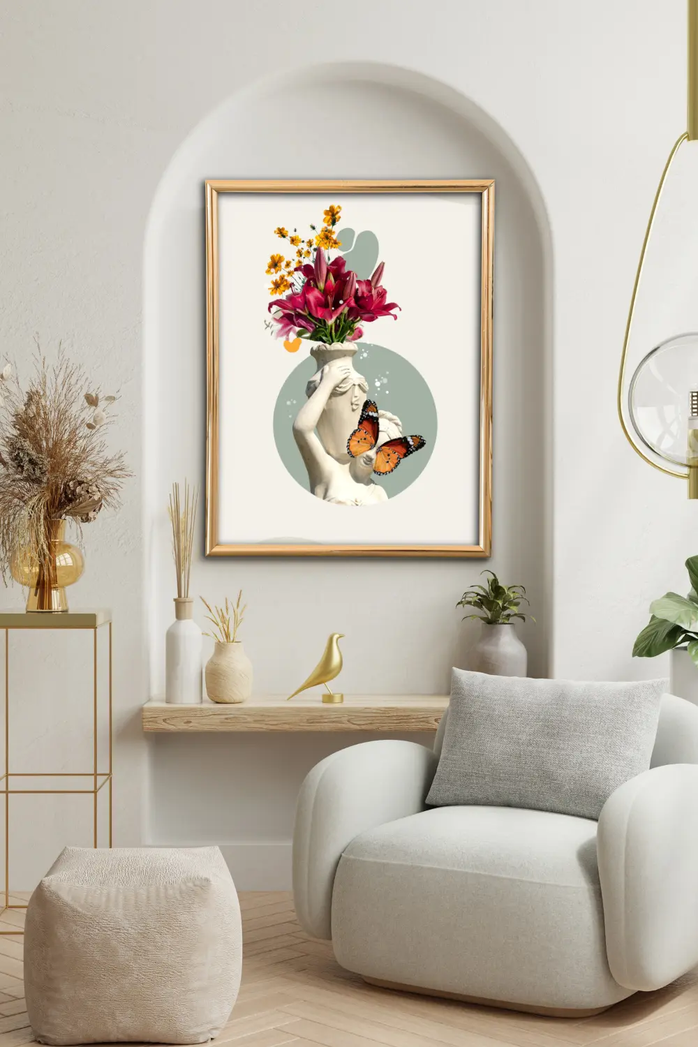 printy print Plakat kwiaty ogród kobieta rzeźba motyl dla kobiety beżowy kremowy plakaty do sypialni autorski wzór autorskie wzory plakatów kolaż collage kolaz nowoczesny 40 x 60 cm A4