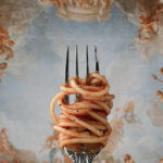 printy print Plakat spaghetti bolognese plakaty do kuchni szary niebieski plakat do kuchni makaron widelec do restauracji plakat rubens rokoko nowoczesny 50x70 A4