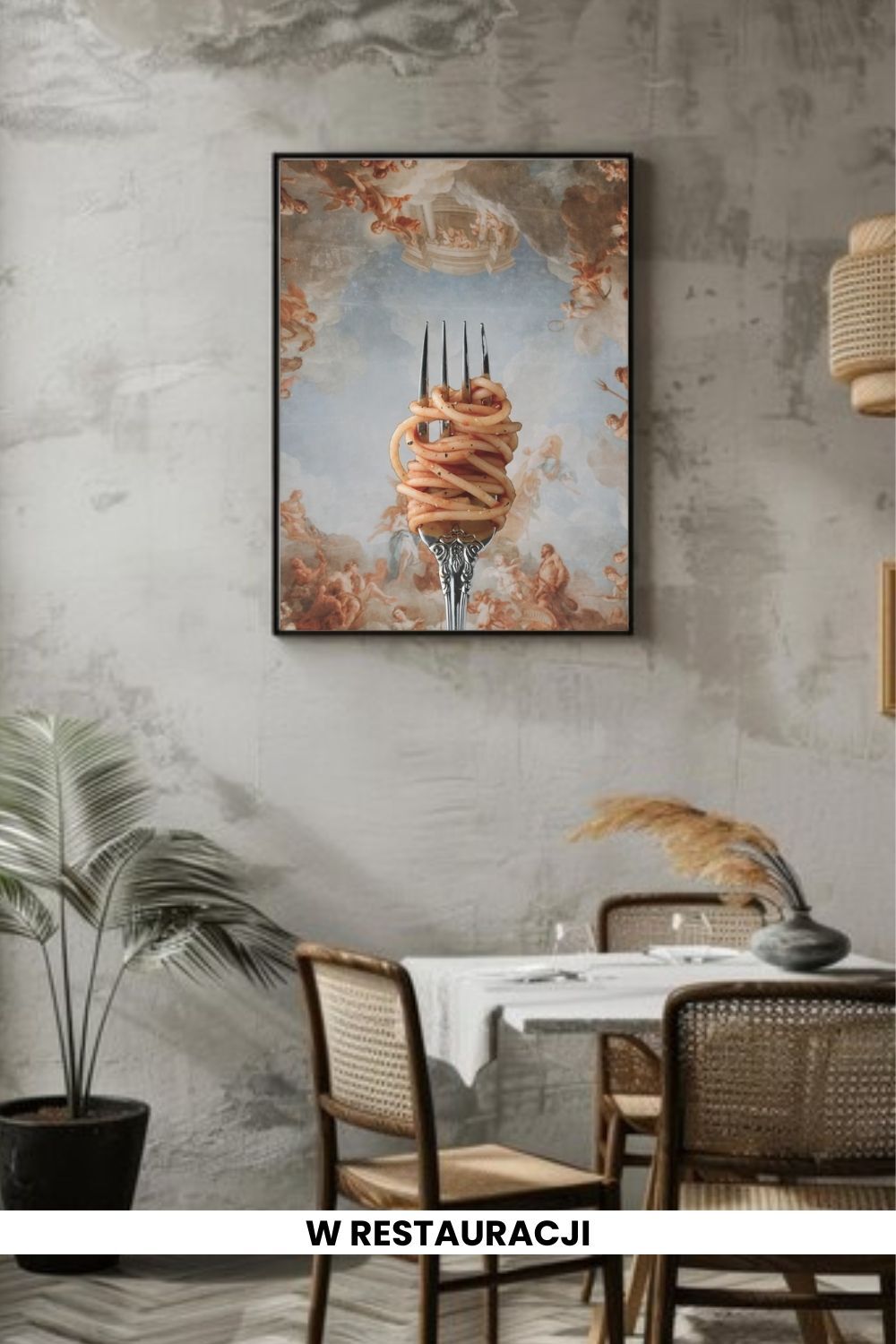 printy print Plakat spaghetti bolognese plakaty do kuchni szary niebieski plakat do kuchni makaron widelec do restauracji plakat rubens rokoko nowoczesny 50x70 A4
