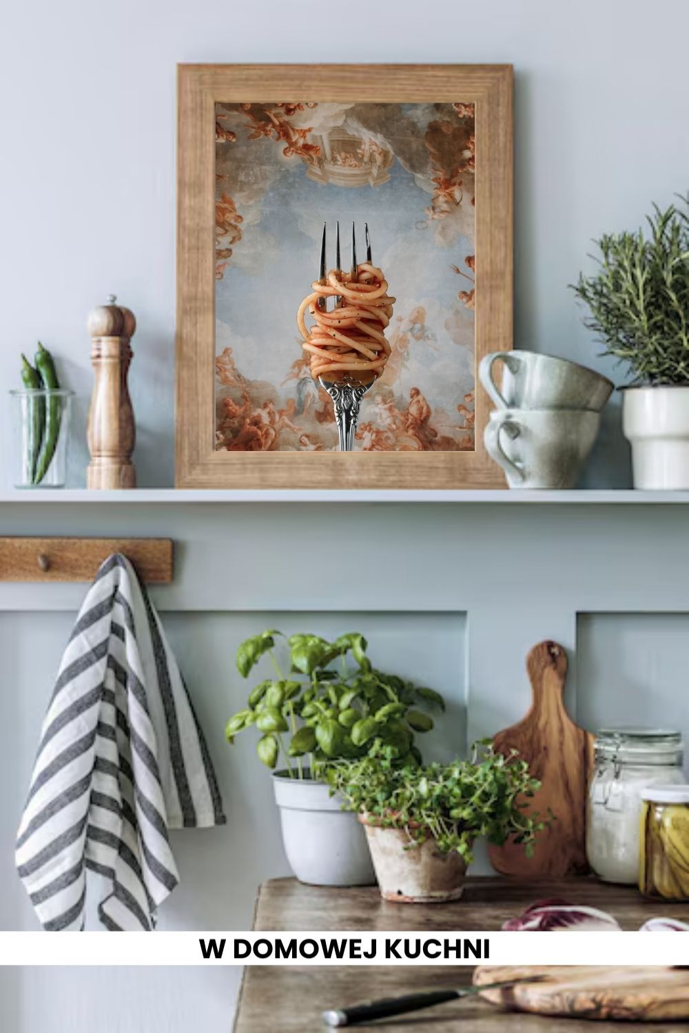 printy print Plakat spaghetti bolognese plakaty do kuchni szary niebieski plakat do kuchni makaron widelec do restauracji plakat rubens rokoko nowoczesny 50x70 A4