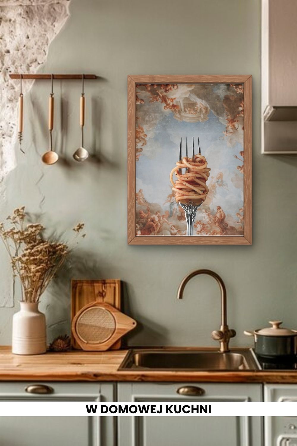 printy print Plakat spaghetti bolognese plakaty do kuchni szary niebieski plakat do kuchni makaron widelec do restauracji plakat rubens rokoko nowoczesny 50x70 A4